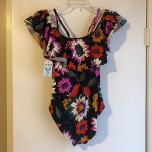 Sea Angel S Black/pink Ruffle Cold Shoulder Floral One-Piece Bathing Swim Suit